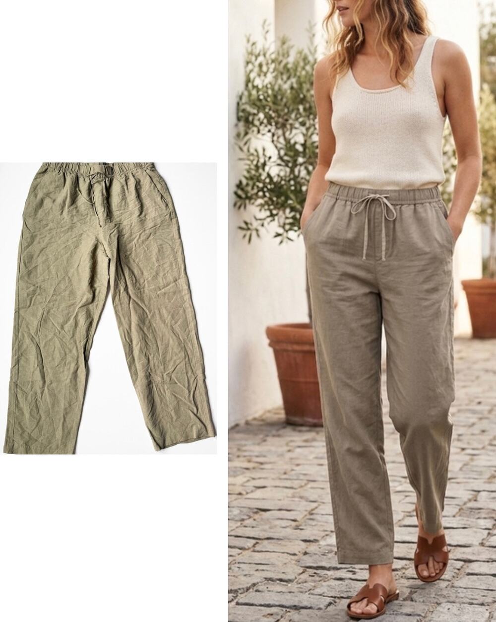 H&M Linen Blend Drawstring Pants Taupe M
